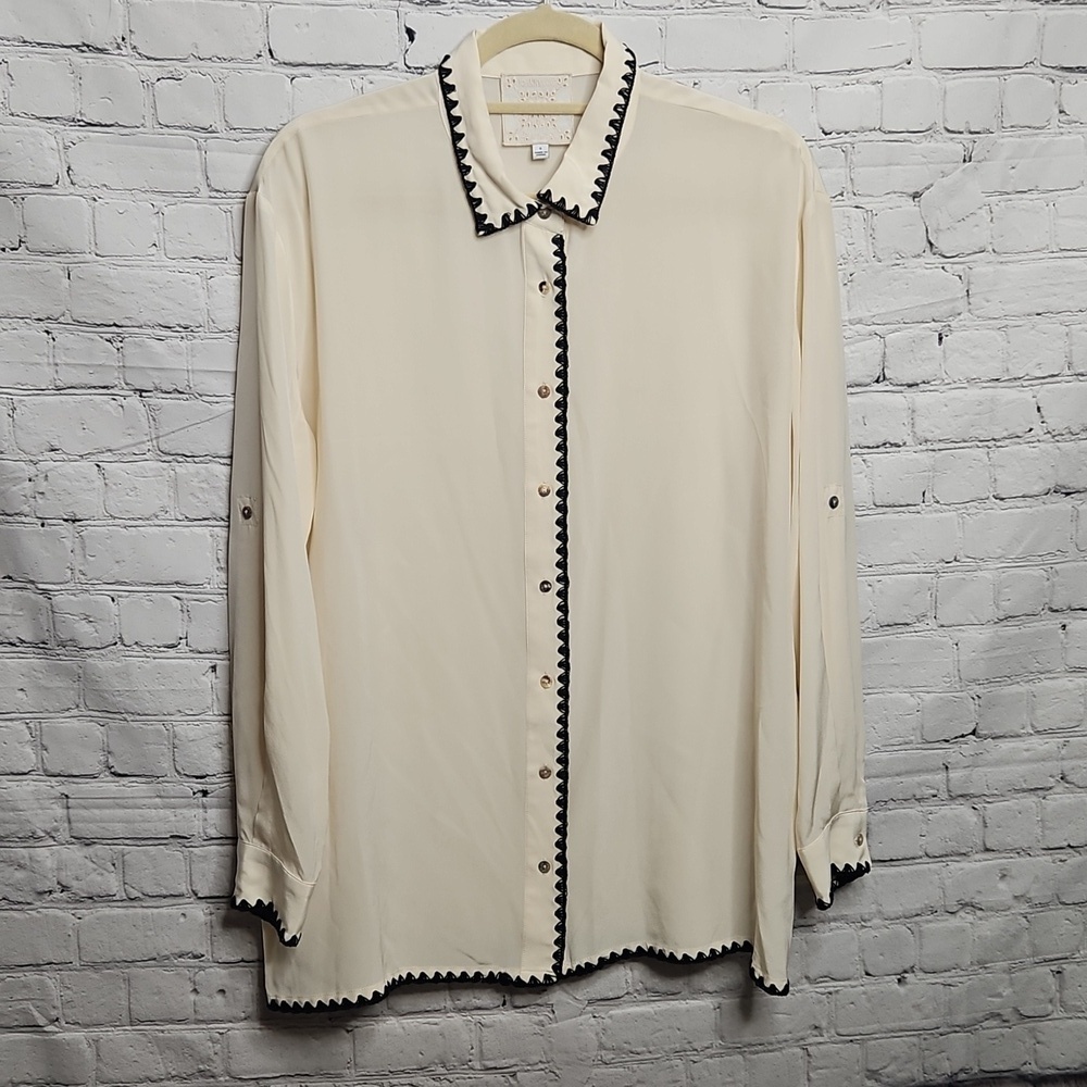 Johnny Was Cream Silk Embroidered Blouse Small